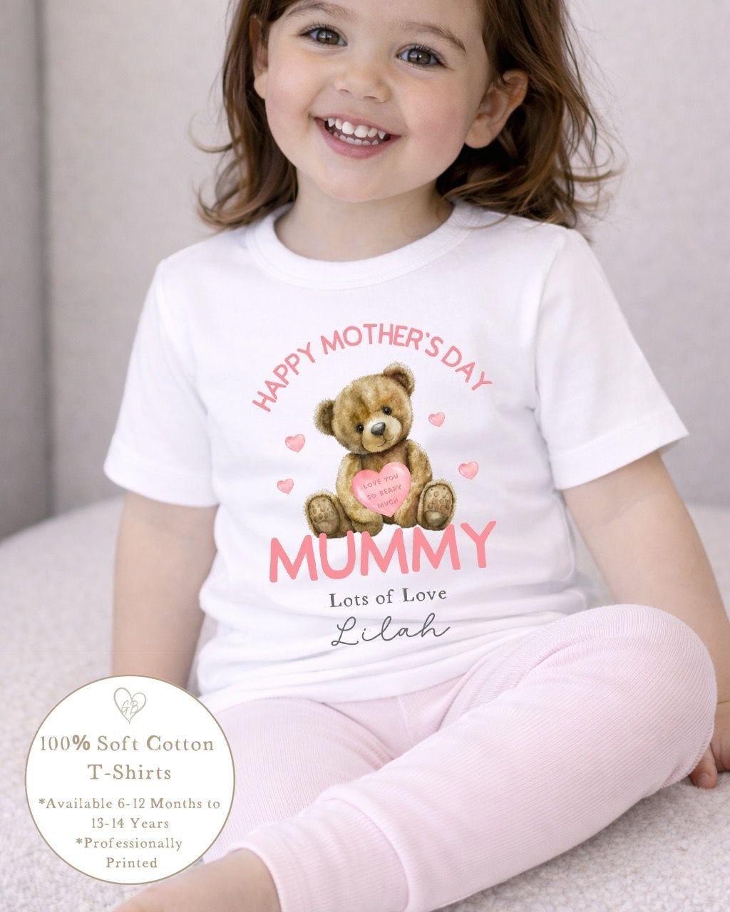 Personalised Mother's Day T-Shirt - Pink Bear Heart Design