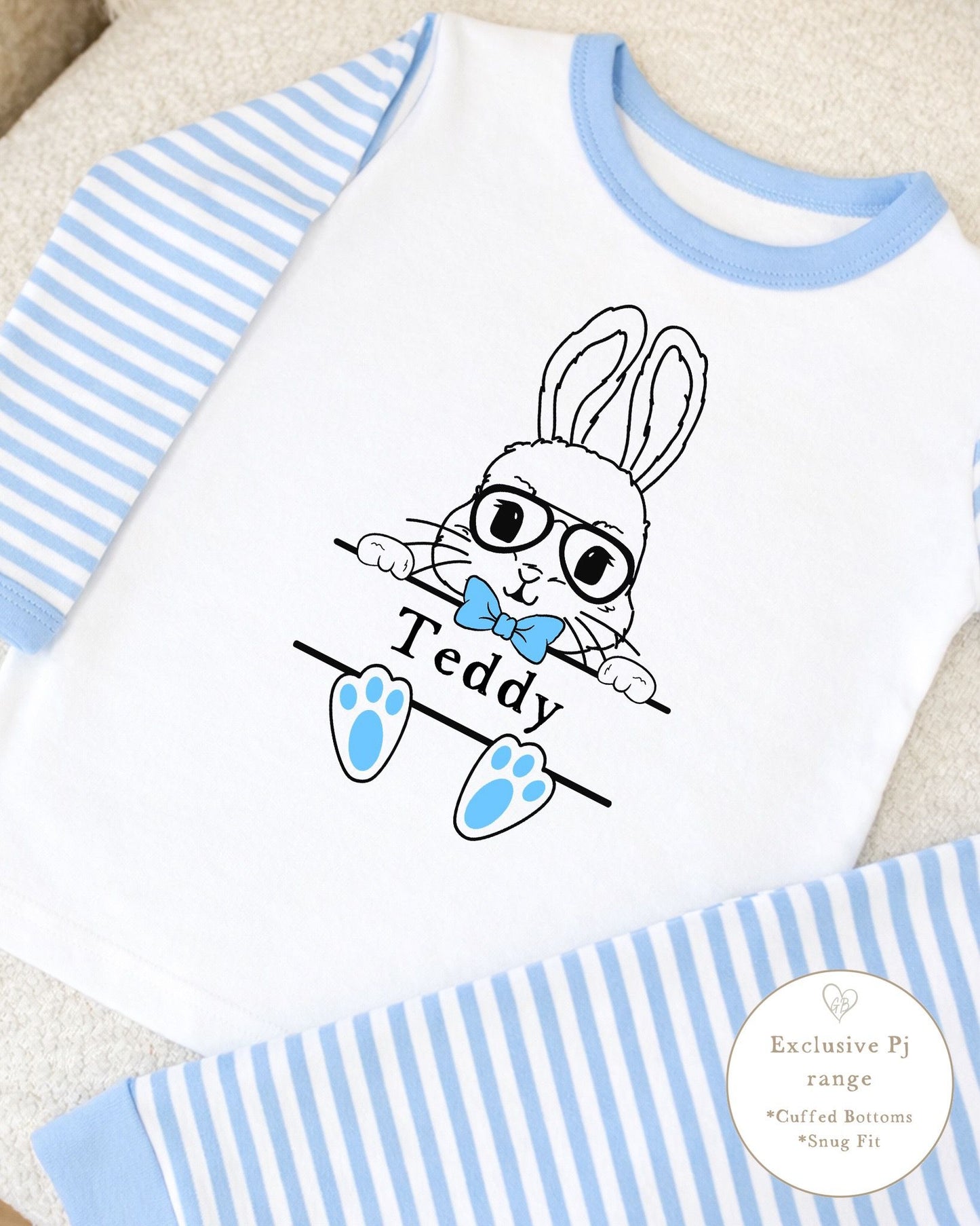 Personalised Blue Stripe Easter Pyjamas - Cartoon Bunny Design