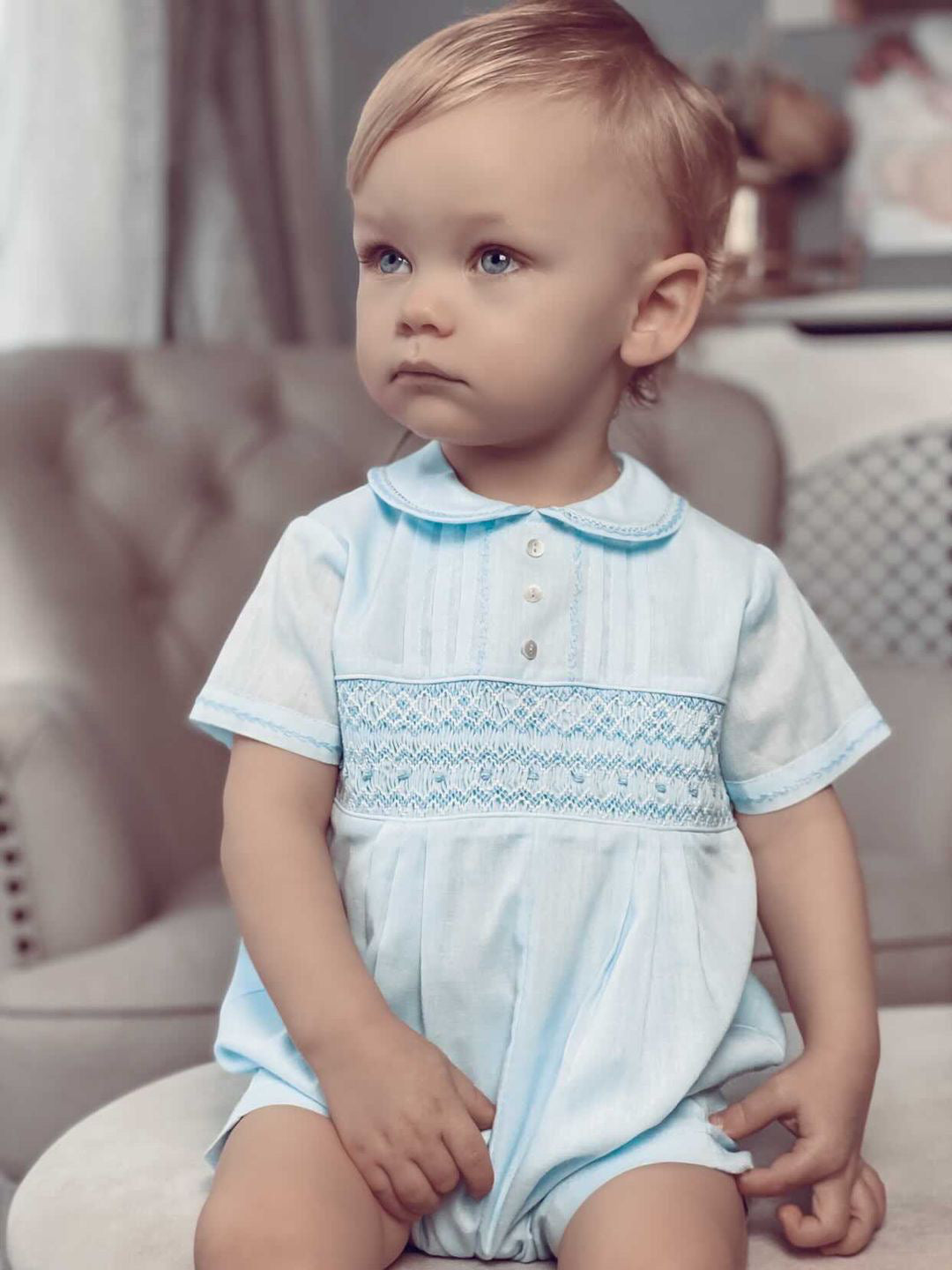 Sarah Louise Blue 'Heritage' smocked romper - Rose & Albert