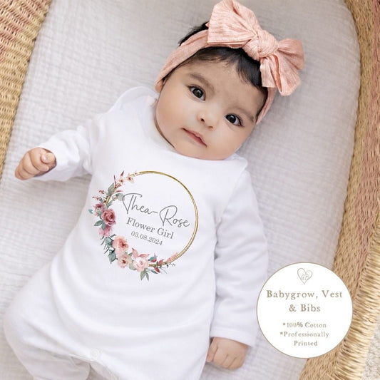 Personalised Flower Girl Babygrow / Short Sleeve Vest Wreath Design in Pink