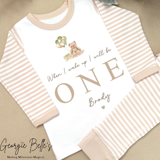 Personalised Beige Stripe Birthday Pyjamas - Beige Bear with Sage Balloon Design