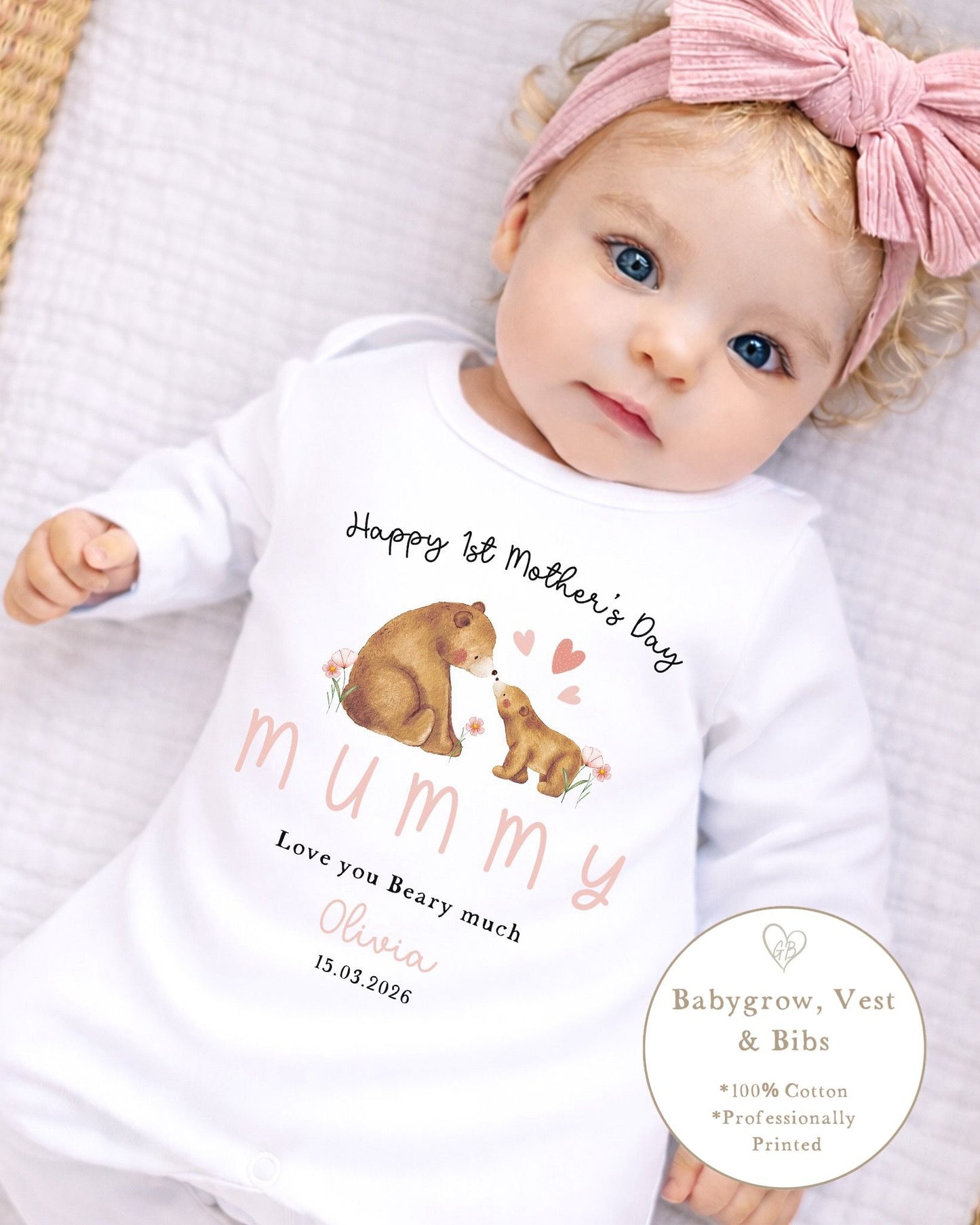 Personalised My First Mother's Day Babygrow / Short Sleeve Vest - Pink Mum & Me Bear Design