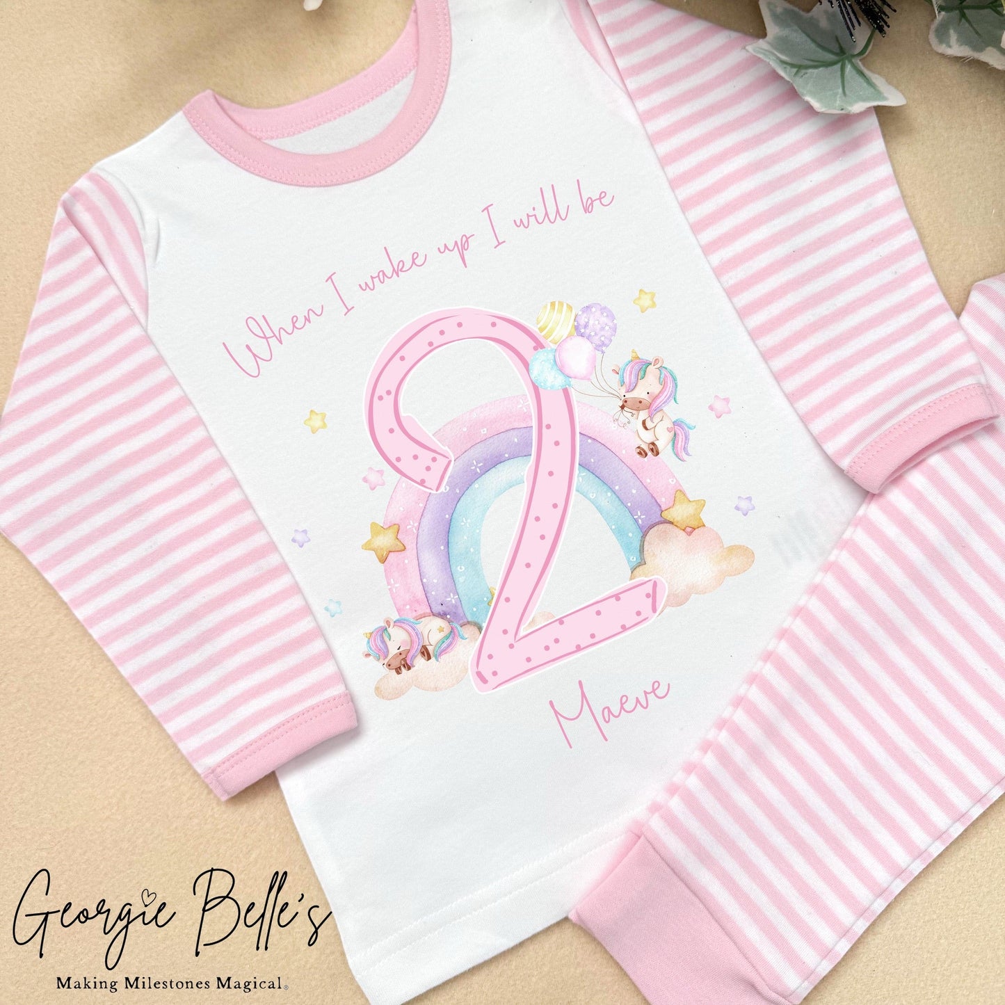Personalised Pink Stripe Birthday Pyjamas - Pink Pastel Rainbow Number Design