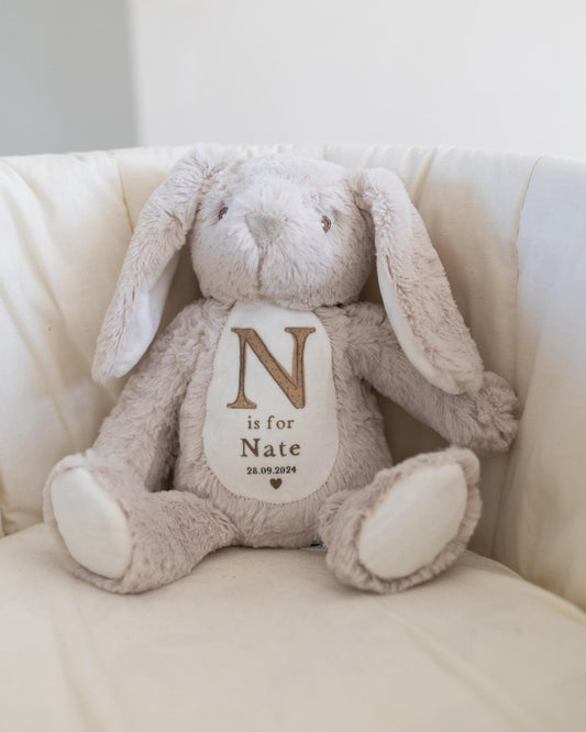 Personalised Baby Boy Bunny Soft Toy | Personalised Baby Gift - Beige Initial Design