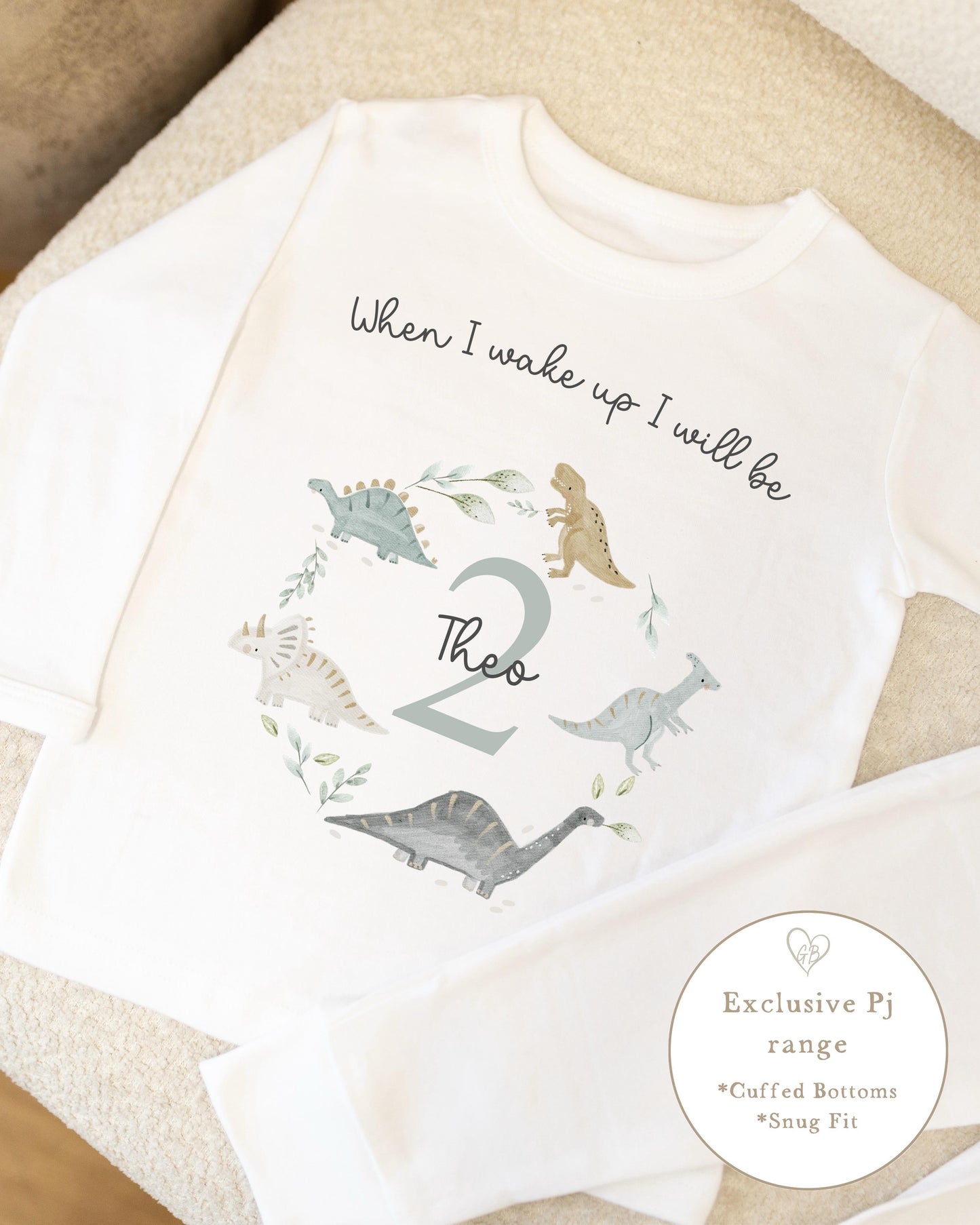 Plain Personalised Birthday Pyjamas Dino Wreath Design in White