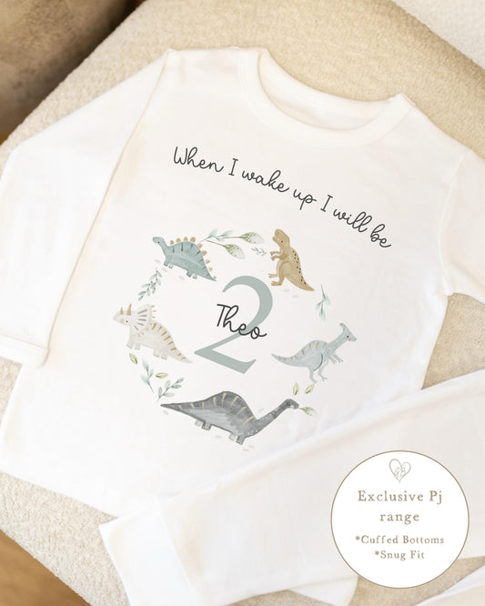 Plain Personalised Birthday Pyjamas Dino Wreath Design in White