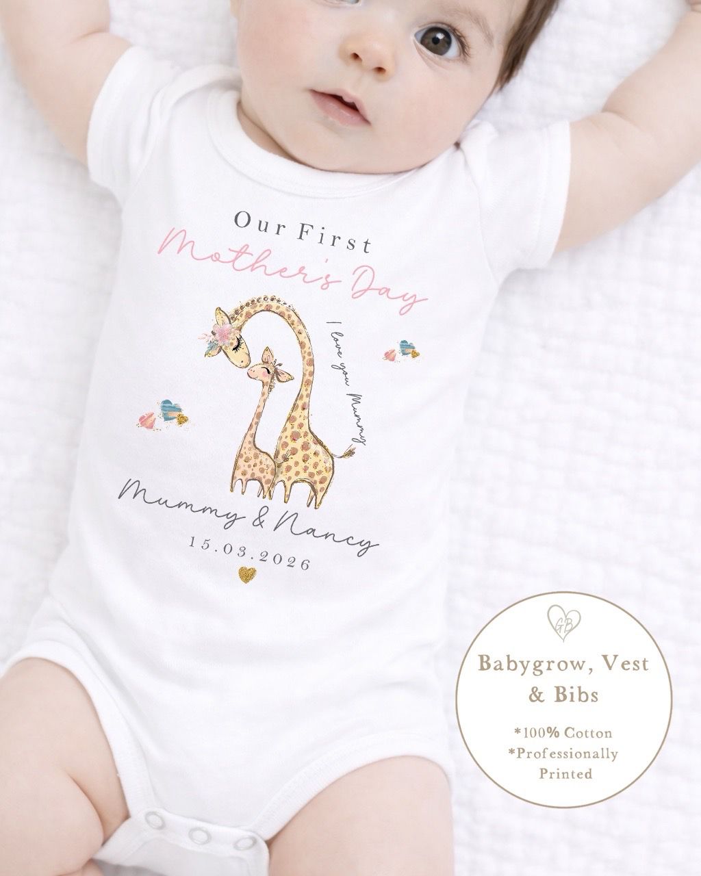 Personalised My First Mother's Day Babygrow / Short Sleeve Vest - Pink Giraffe Design