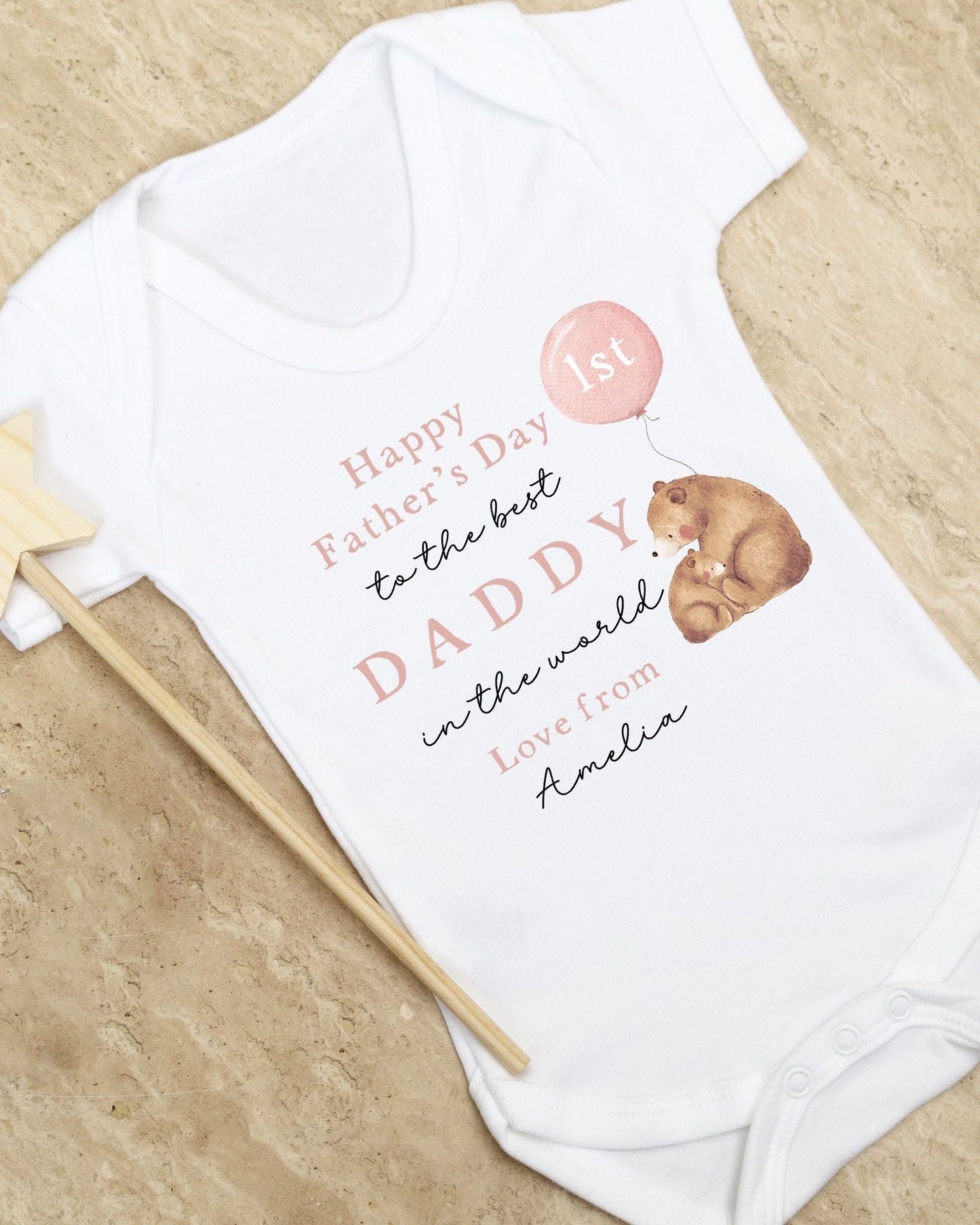 Personalised My First Father's Day Baby Vest / Babygrow - Pink Bear Balloon Design