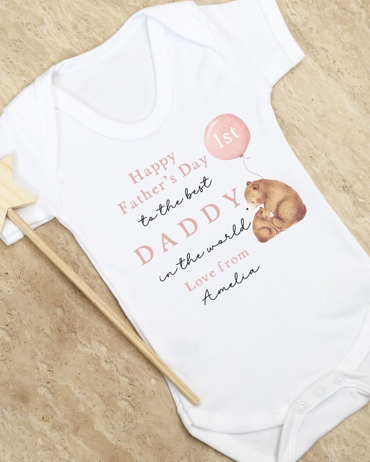 Personalised My First Father's Day Baby Vest / Babygrow - Pink Bear Balloon Design