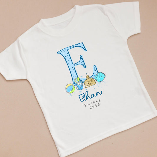 Personalised Holiday T-Shirt - Blue Initial Design