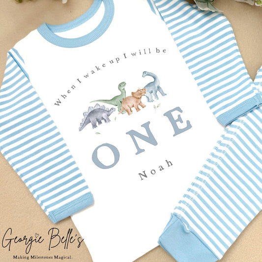 Personalised Blue Stripe Birthday Pyjamas - Blue Dinosaur Design