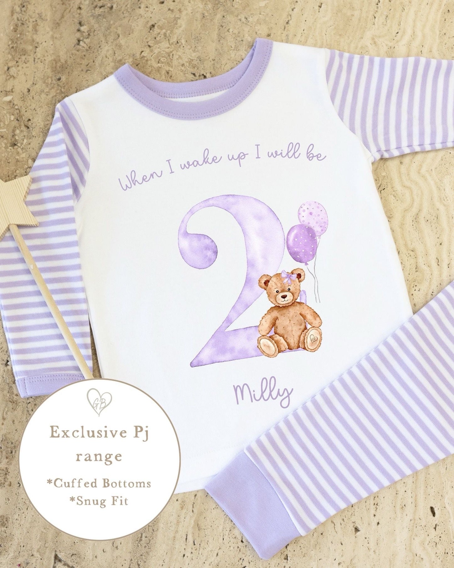 Lilac & White Striped Personalised Birthday Pyjamas - Lilac Bear Design