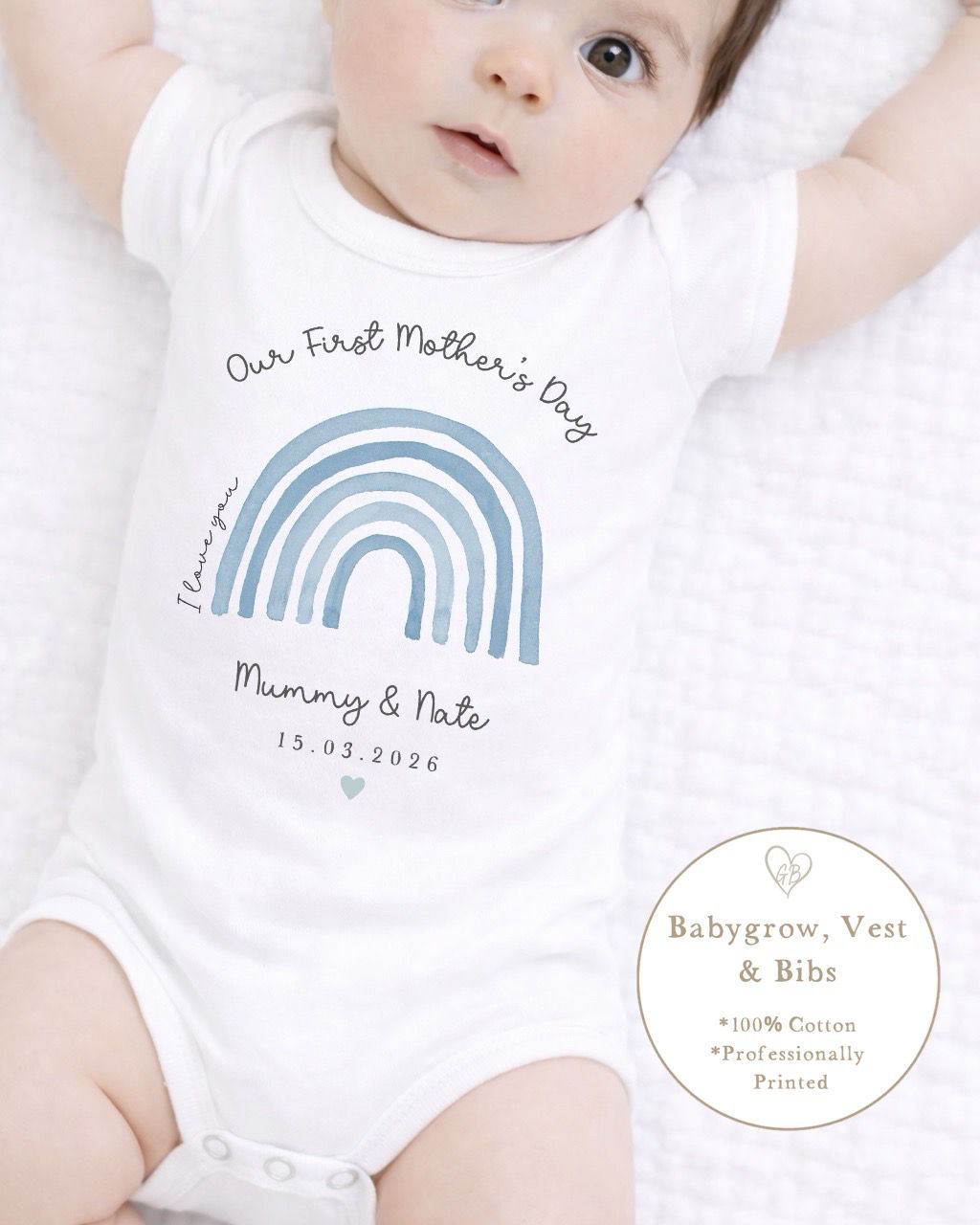 Personalised My First Mother's Day Babygrow / Short Sleeve Vest - Blue Rainbow Design