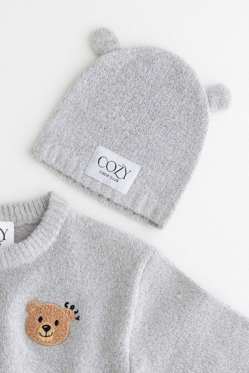 COZY Knitted Bear Beanie Hat Grey - Cozy Crew Club