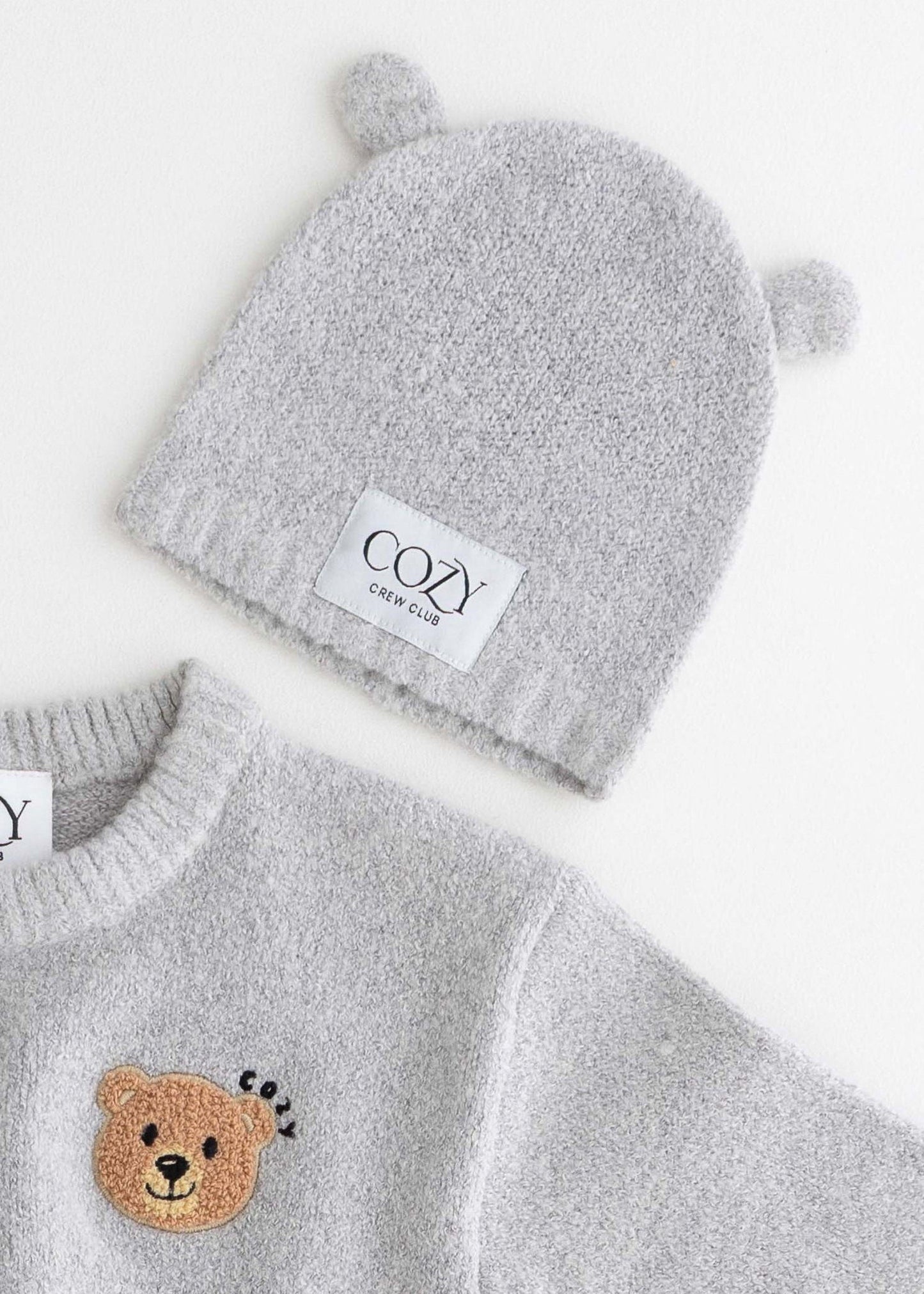 Cozy Knitted Bear Beanie Hat in Grey