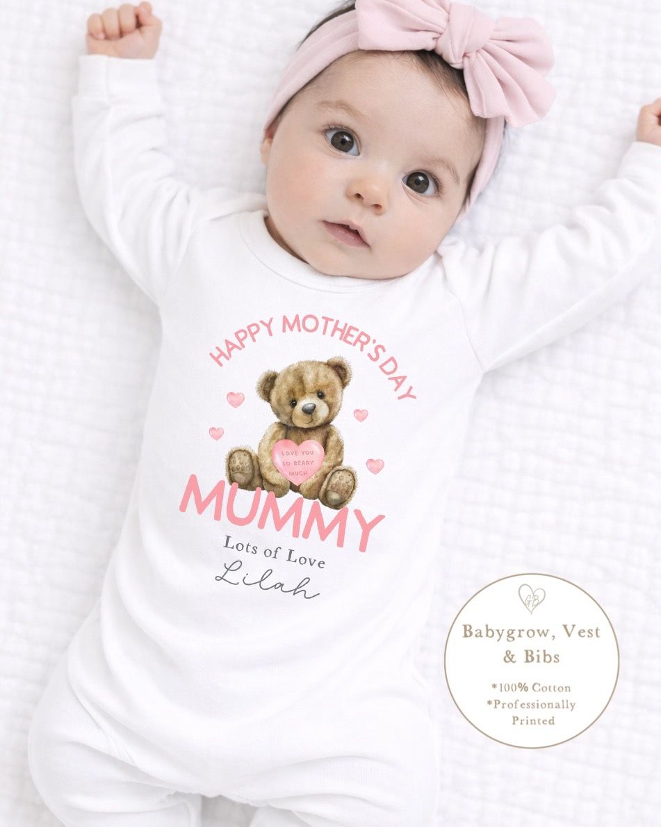Personalised My First Mother's Day Babygrow / Short Sleeve Vest - Pink Bear Design
