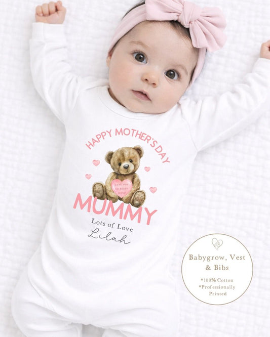 Personalised My First Mother's Day Babygrow / Short Sleeve Vest - Pink Bear Design