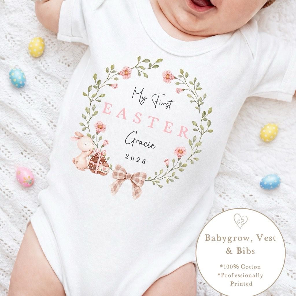 Personalised My First Easter Babygrow / Vest - Pink Classic Wreath Design