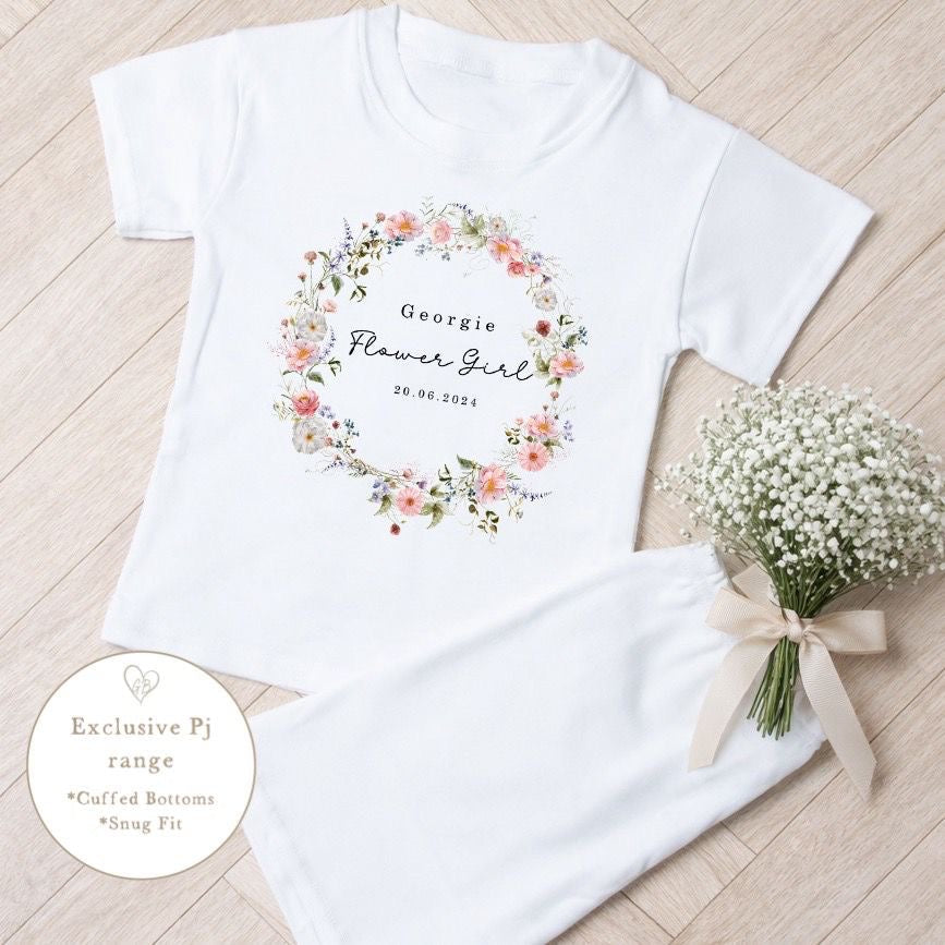 Personalised Flower Girl Short Set Pyjamas Wildflower Wreath Design