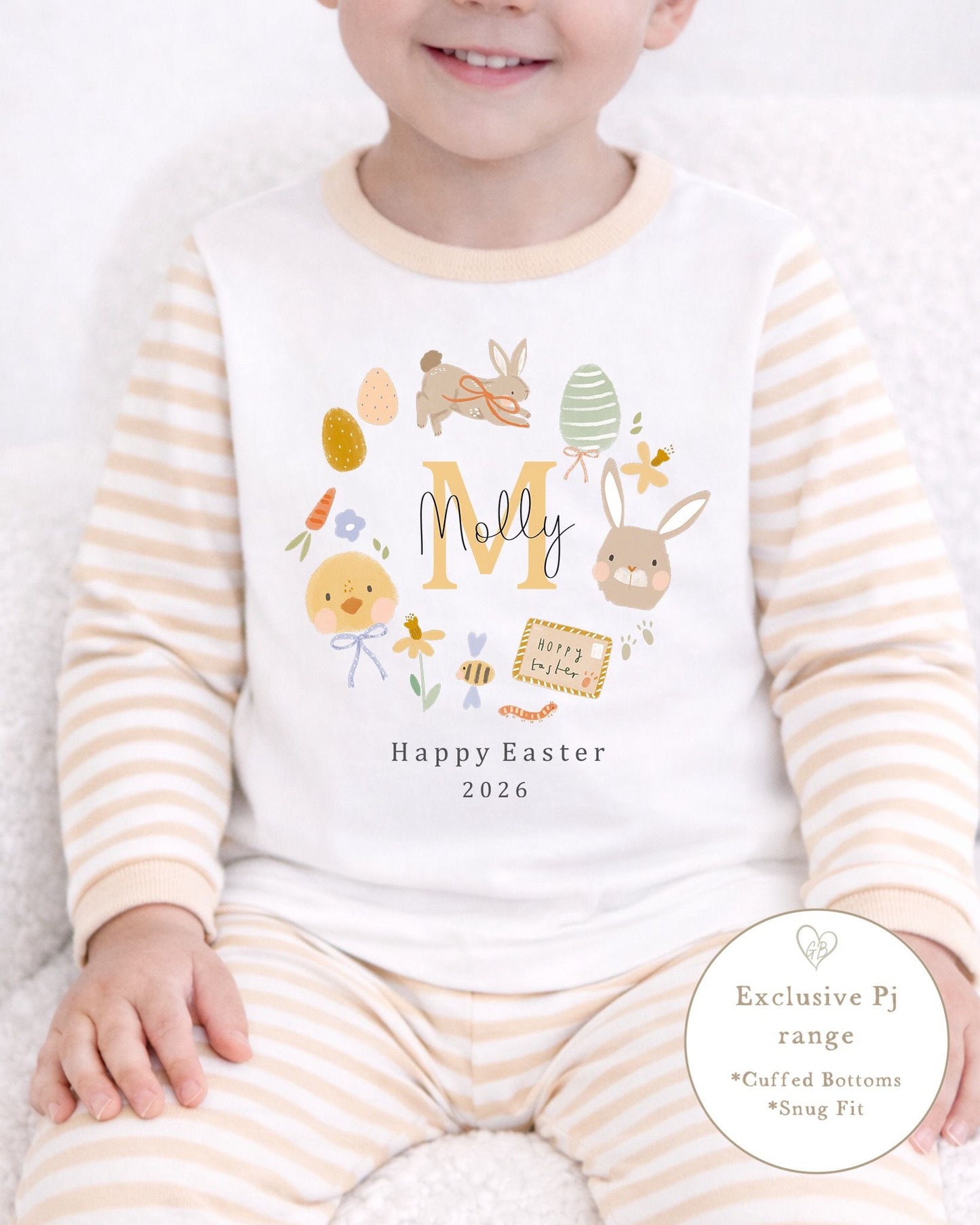 Personalised Beige Stripe Easter Pyjamas - Easter Wreath Design