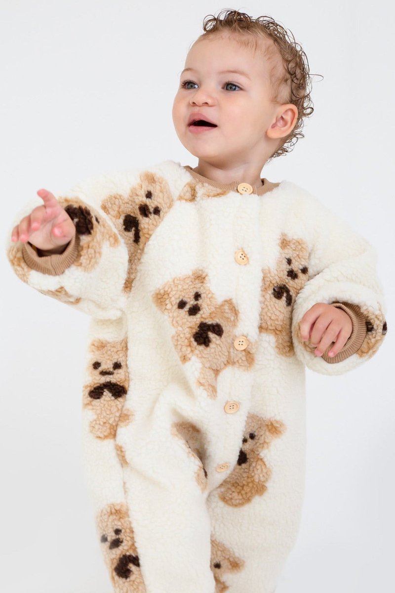 Bear Fleece Romper Cream or Brown - Cozy Crew Club