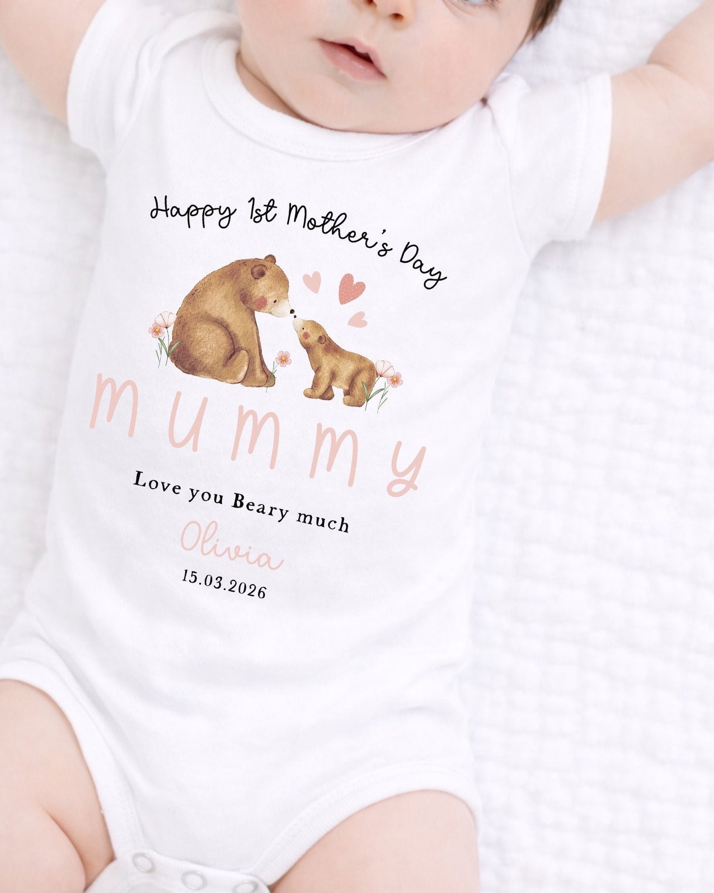 Personalised My First Mother's Day Babygrow / Short Sleeve Vest - Pink Mum & Me Bear Design