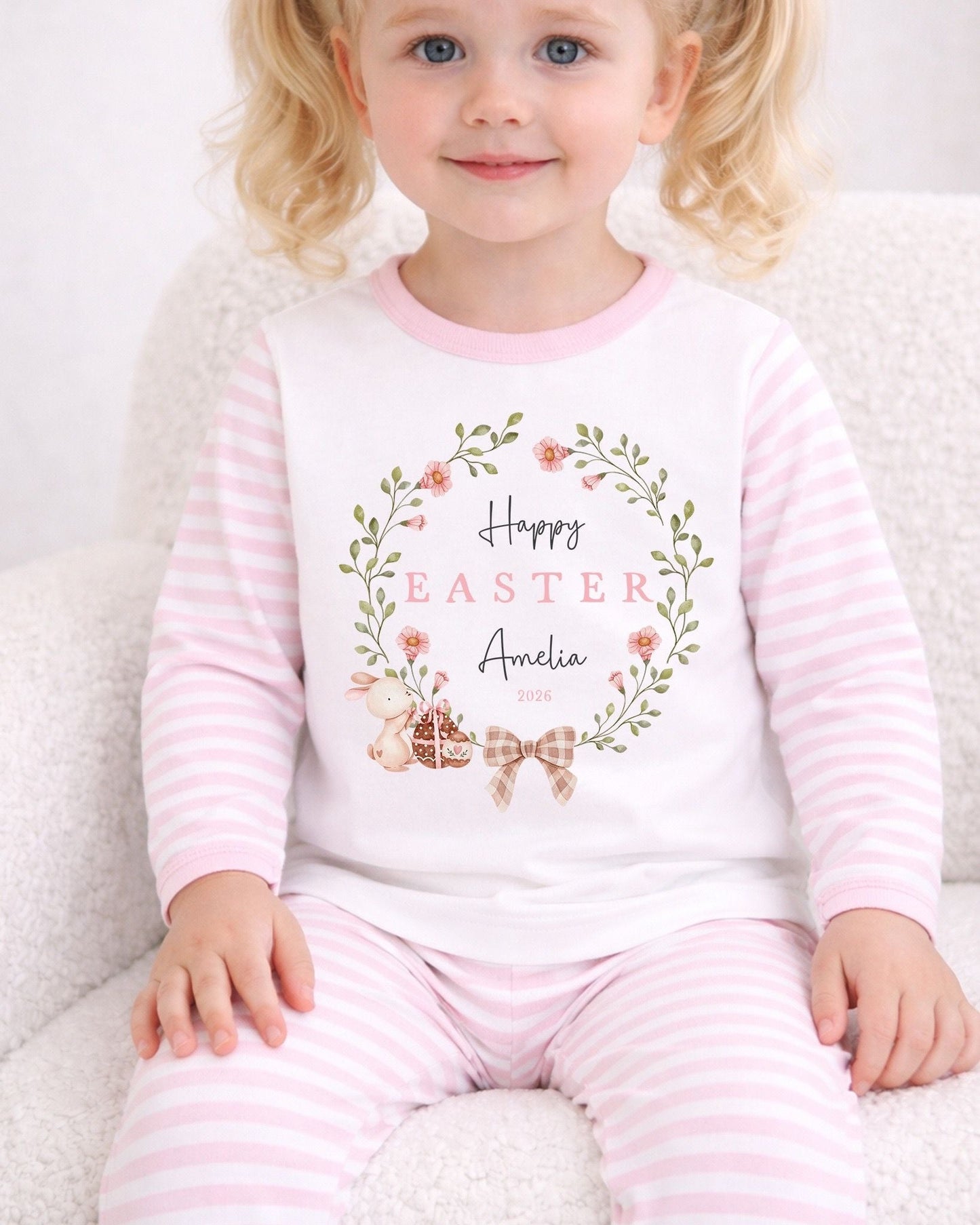 Personalised Pink Stripe Easter Pyjamas - Classic Wreath Design