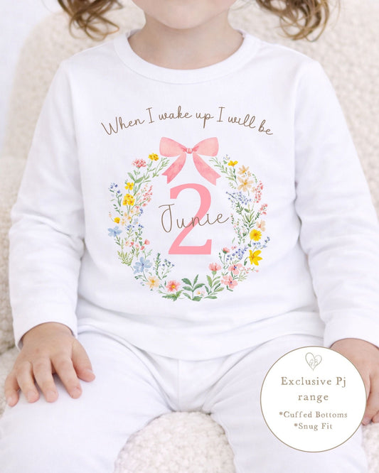 Personalised Plain White Birthday Pyjamas - Wildflower Design