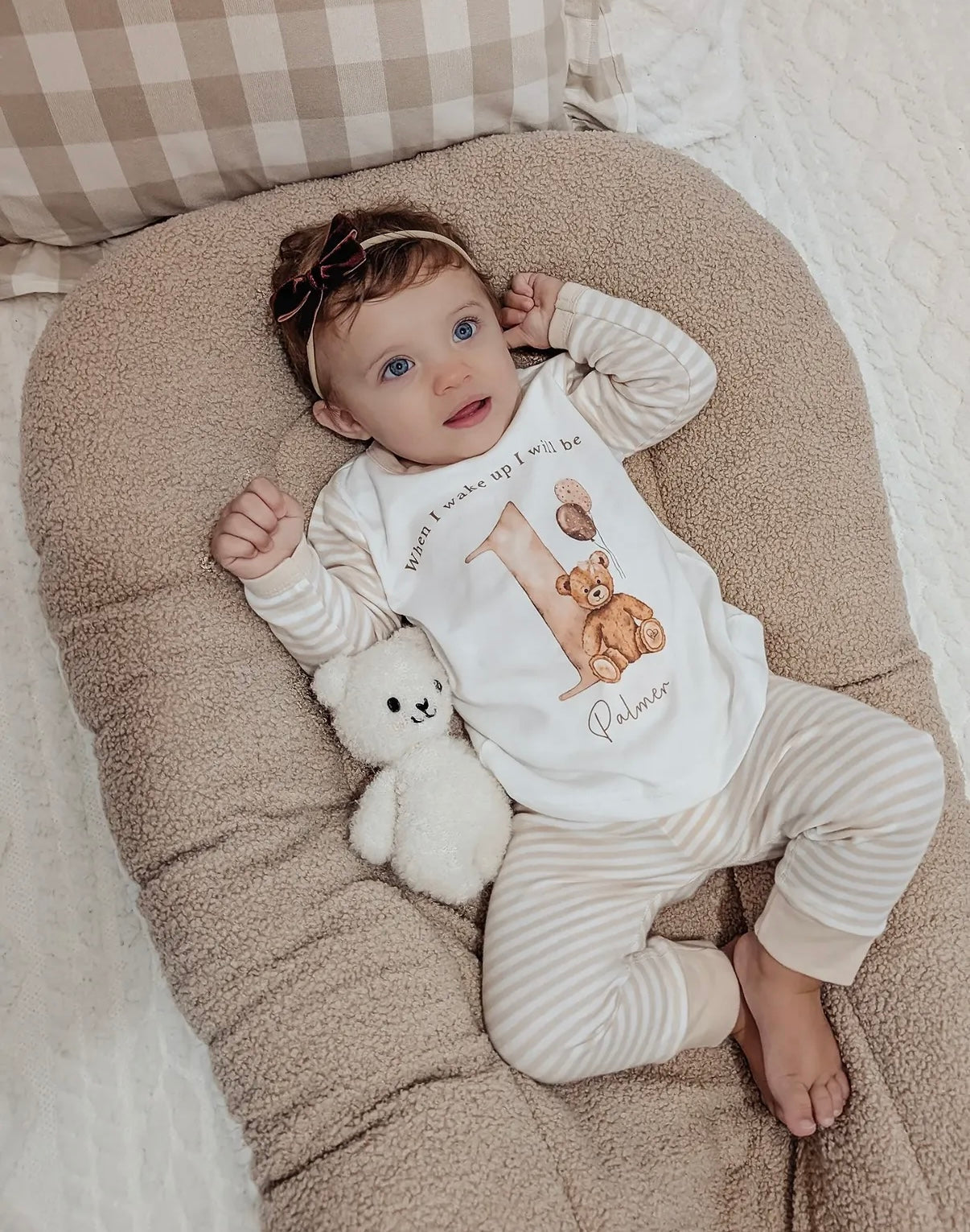 Beige & White Striped Personalised Birthday Pyjamas - Nude Girl Bear Design
