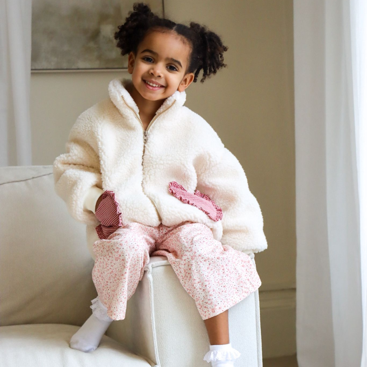 Cream sherpa fleece with red gingham heart pockets for girls — White Daisy