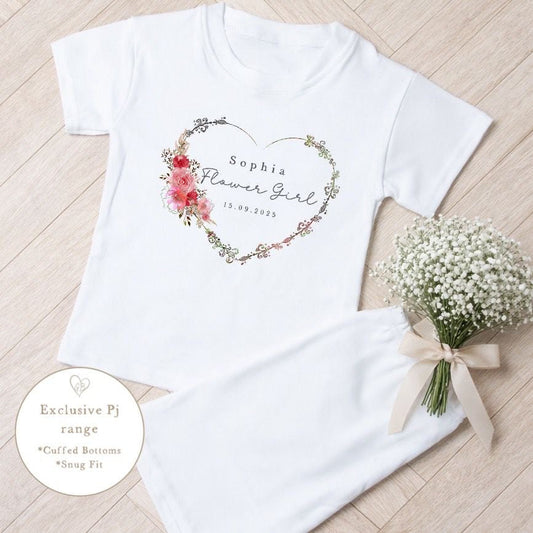 Personalised Flower Girl Short Set Pyjamas Heart Wreath Design