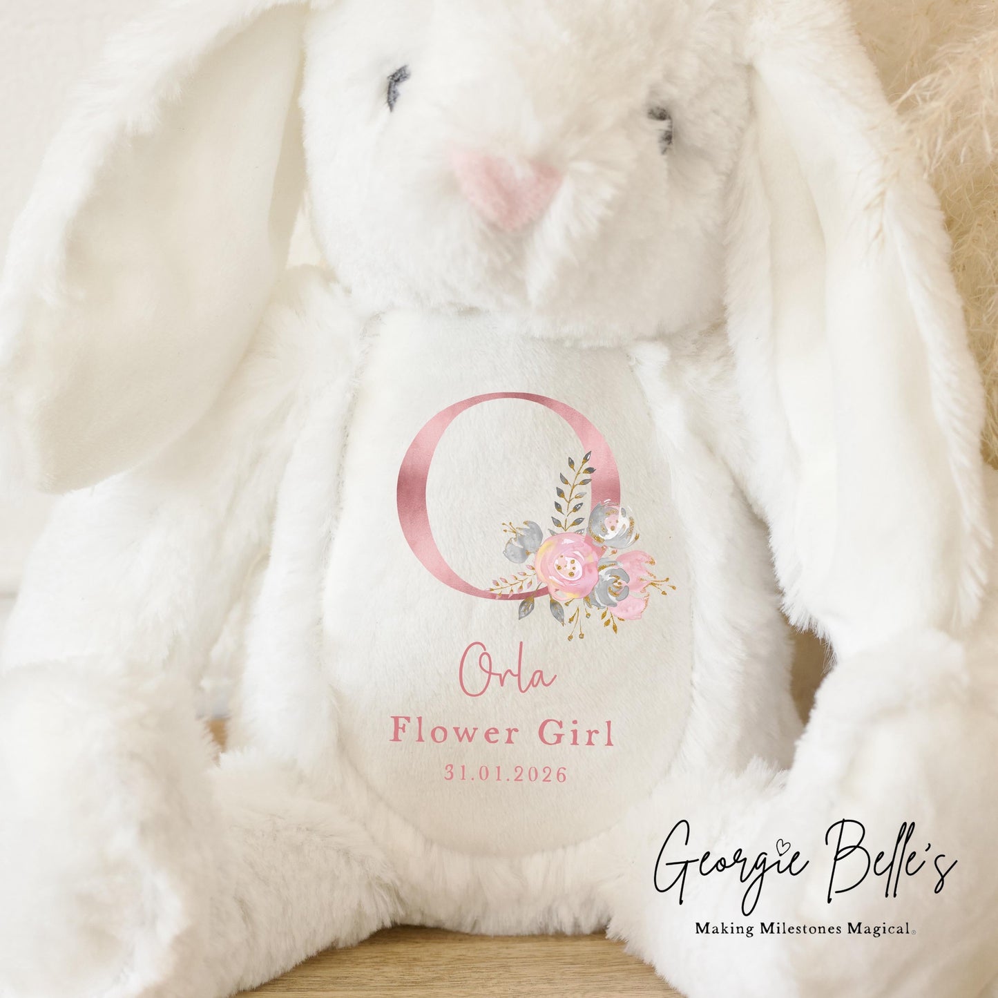Personalised Flower Girl Bunny - Pink Floral Initial Design