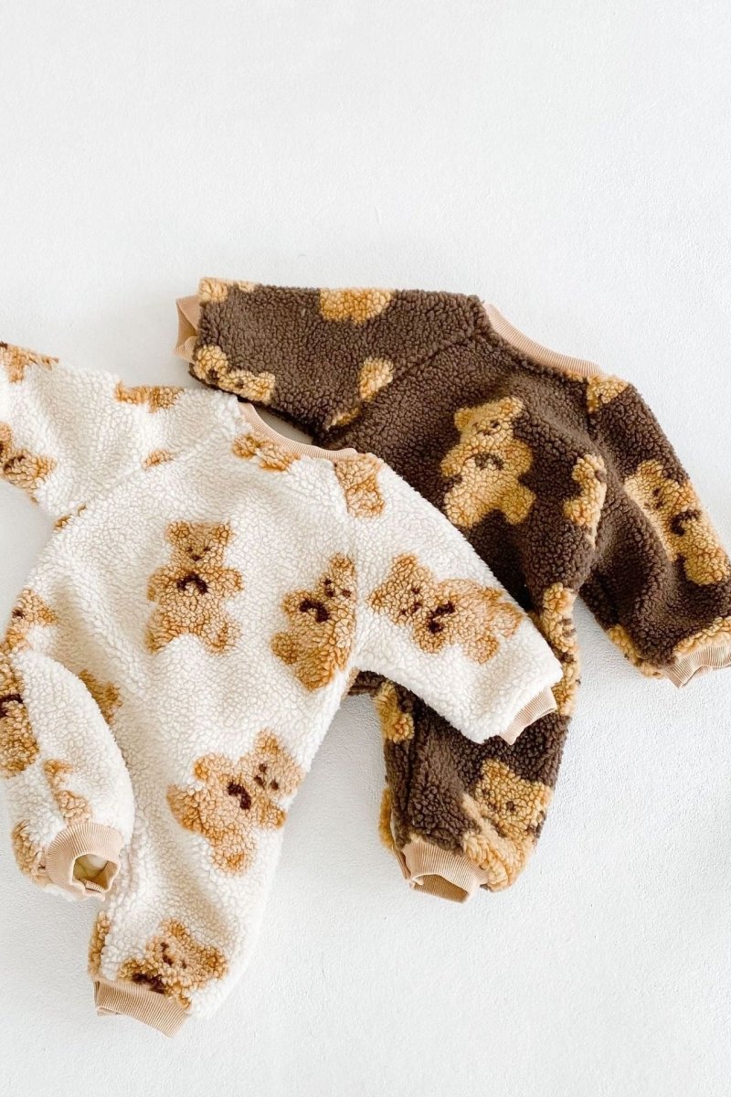 Bear Fleece Romper Cream or Brown - Cozy Crew Club