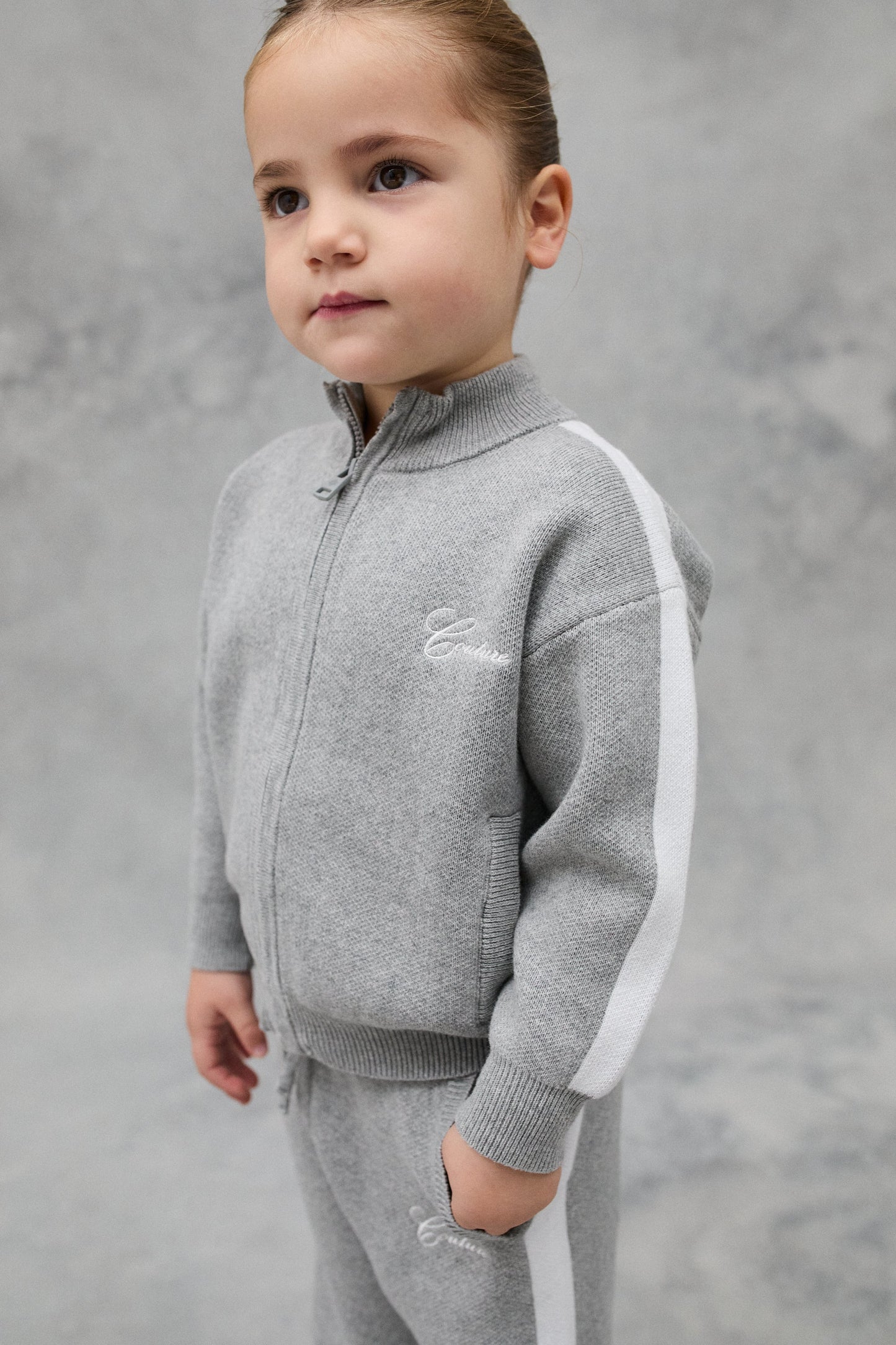 JNR SIDE STRIPE KNITTED ZIP THROUGH - GREY MARL