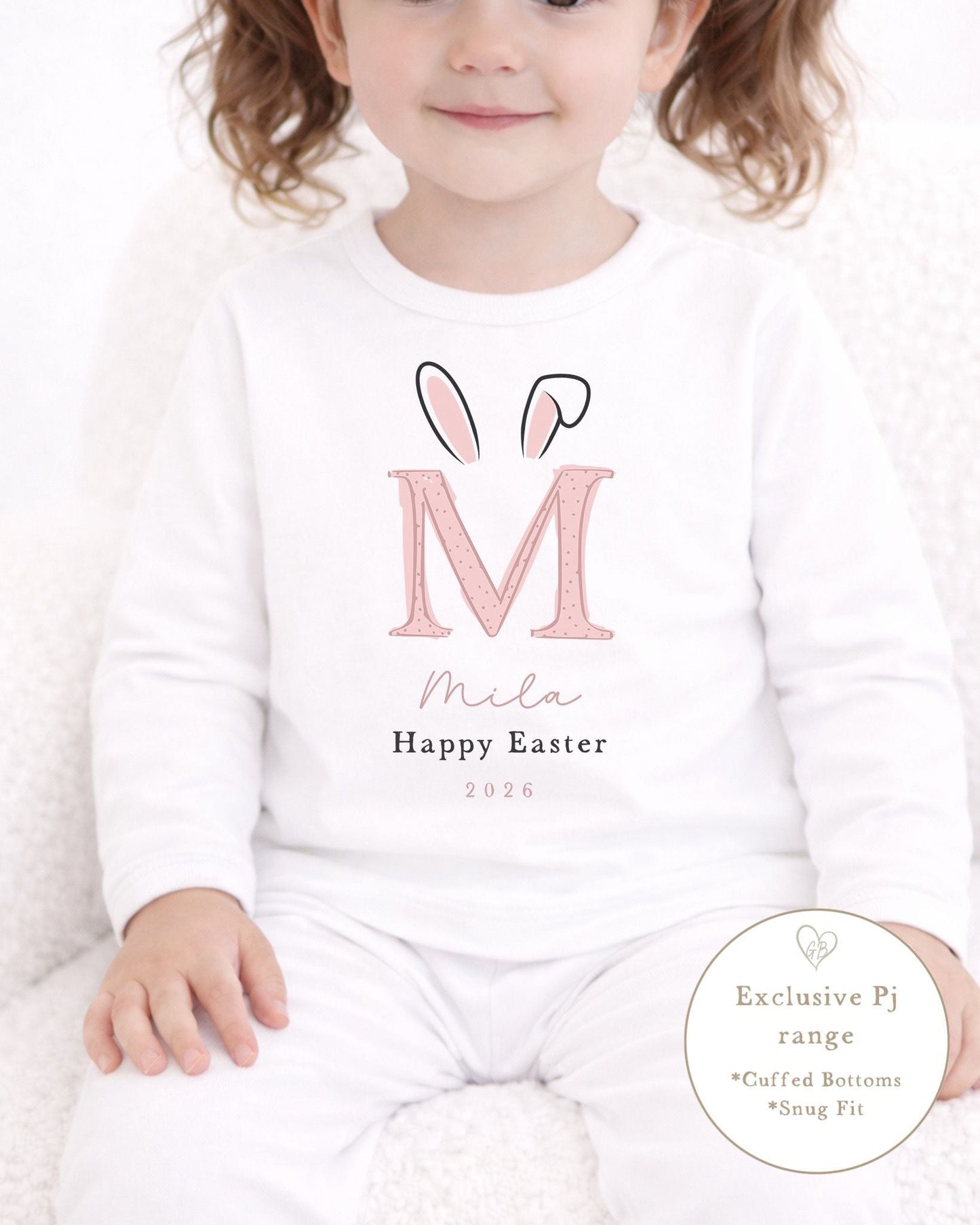 Personalised Plain White Easter Pyjamas - Pink Bunny Ear Initial Design