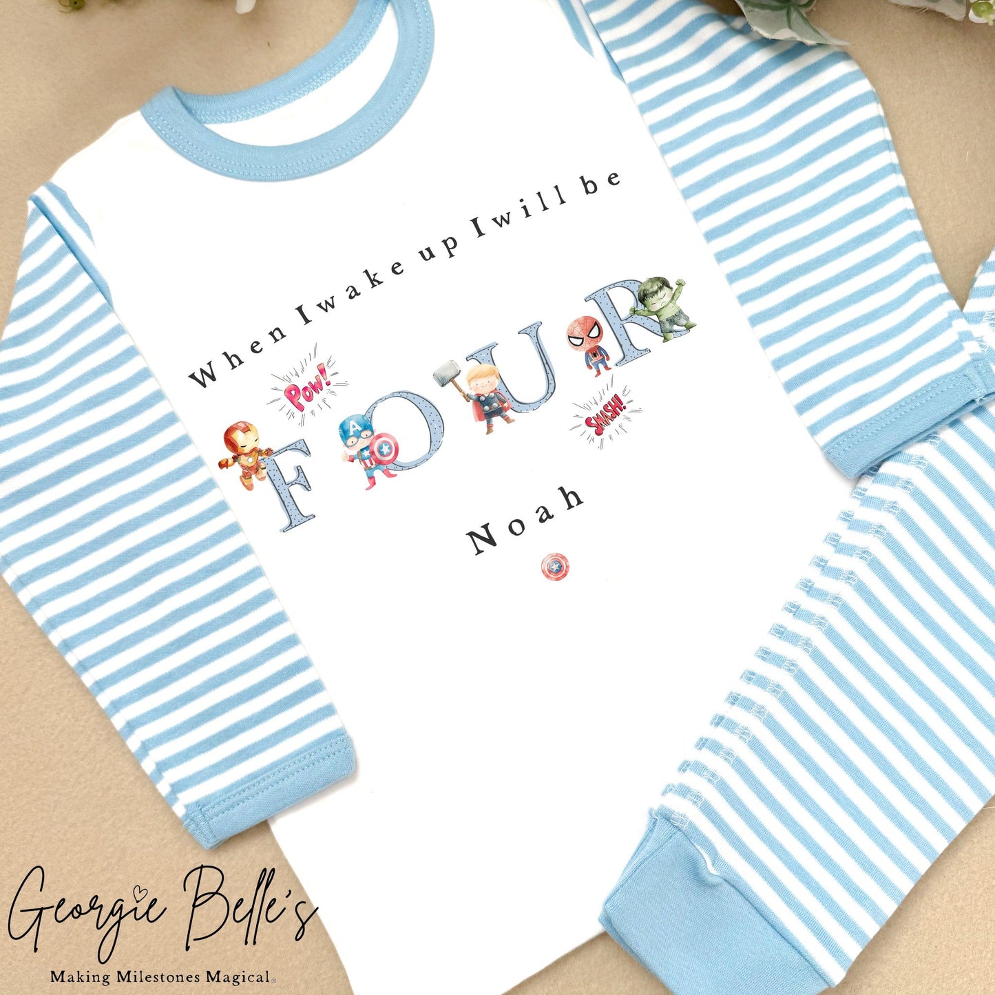 Personalised Blue Stripe Birthday Pyjamas - Blue Superhero Word Number Design