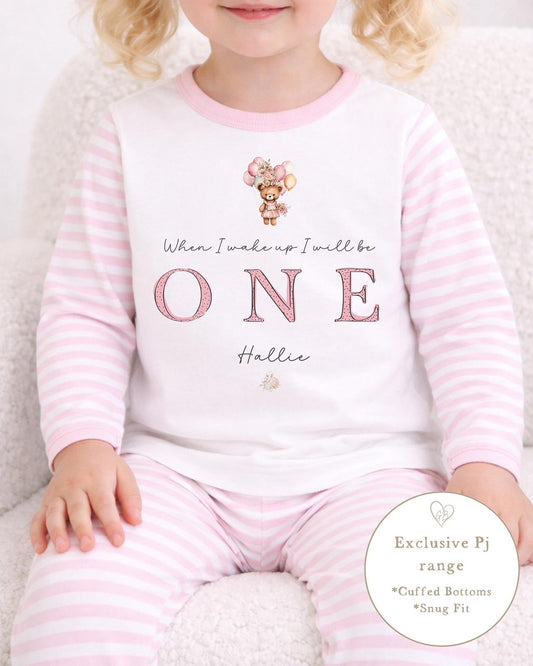 Personalised Pink Stripe Birthday Pyjamas - Floating Bear Design