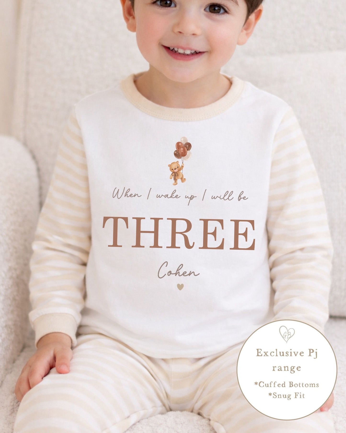 Personalised Beige Stripe Birthday Pyjamas - Floating Bear Design