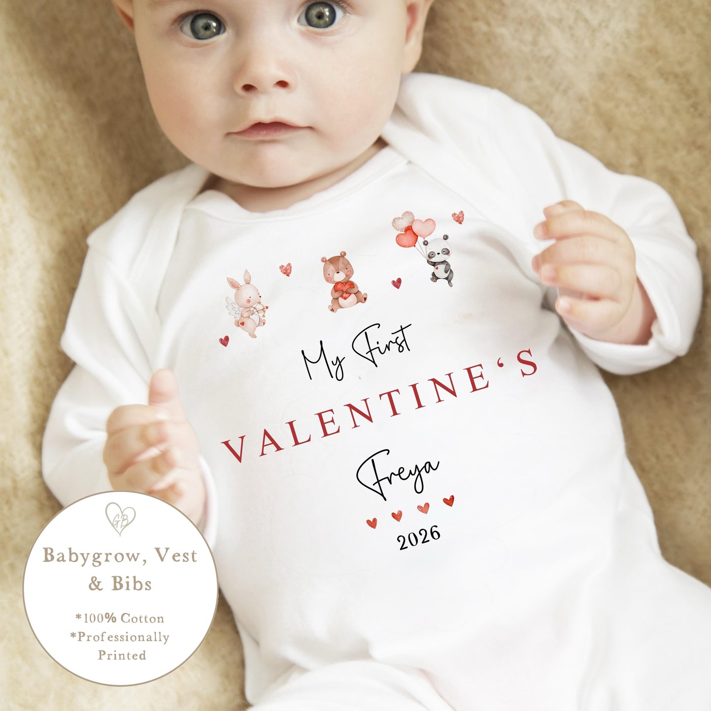 Personalised Valentine's Sleepsuit / Bodysuit - My First Valentines Trio Design