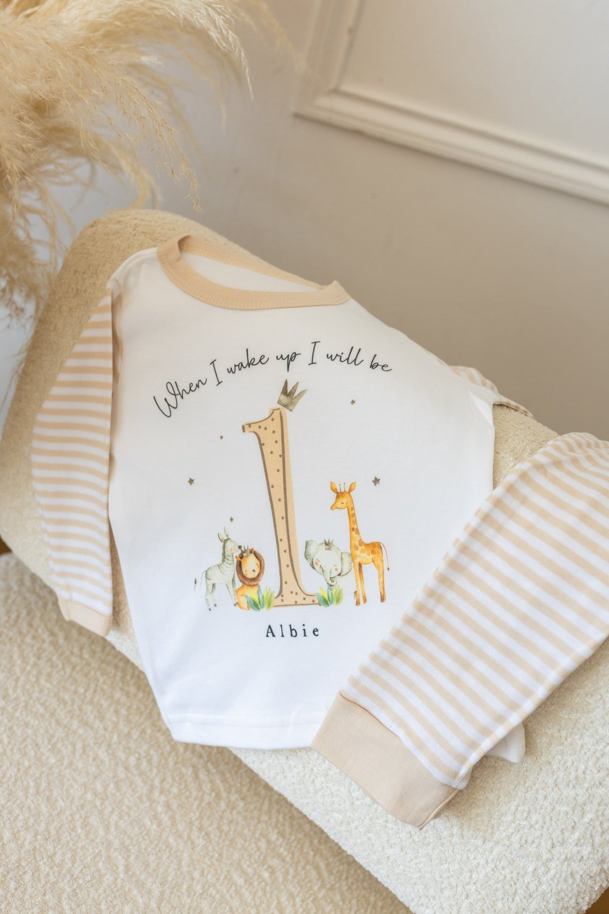 Personalised Beige Stripe Birthday Pyjamas - Safari Design
