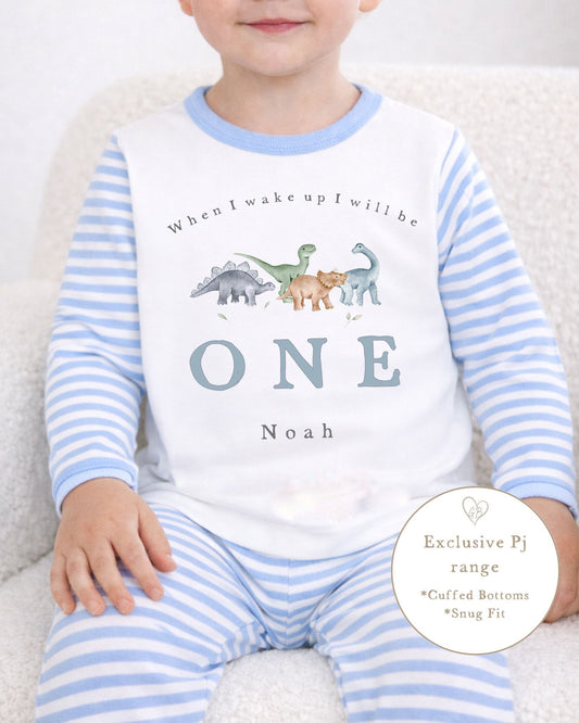 Personalised Blue Stripe Birthday Pyjamas - Dinosaur Design