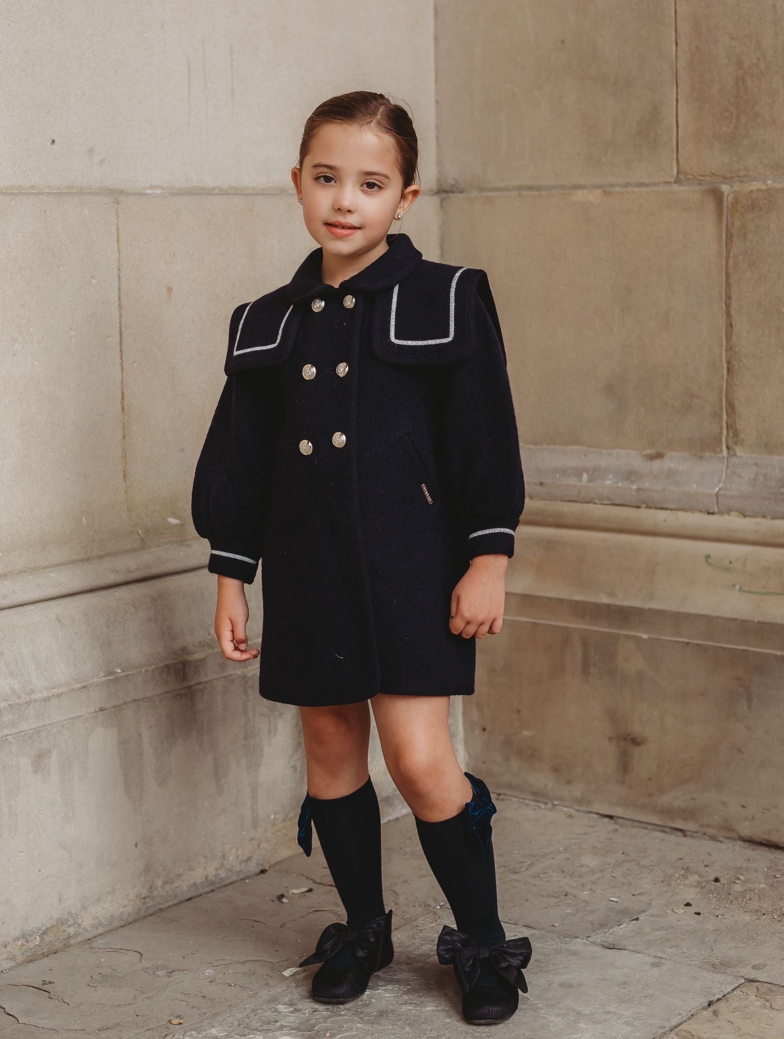 Marae Navy statement sleeve Merino Wool Coat - Rose & Albert