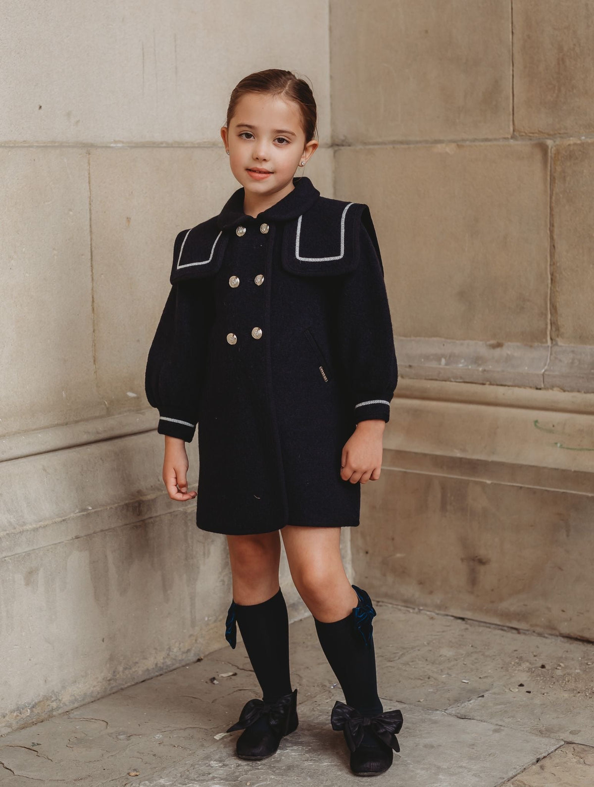 Marae Navy statement sleeve Merino Wool Coat - Rose & Albert