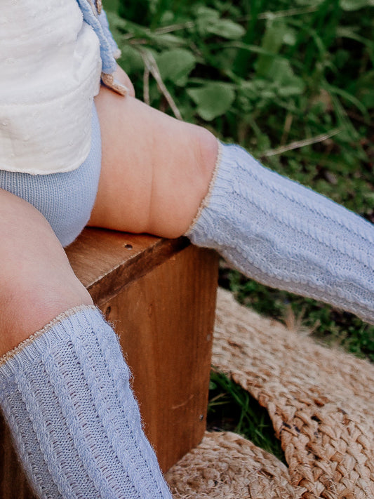Rahigo Blue Knitted Knee Socks with Camel Trim - Rose & Albert
