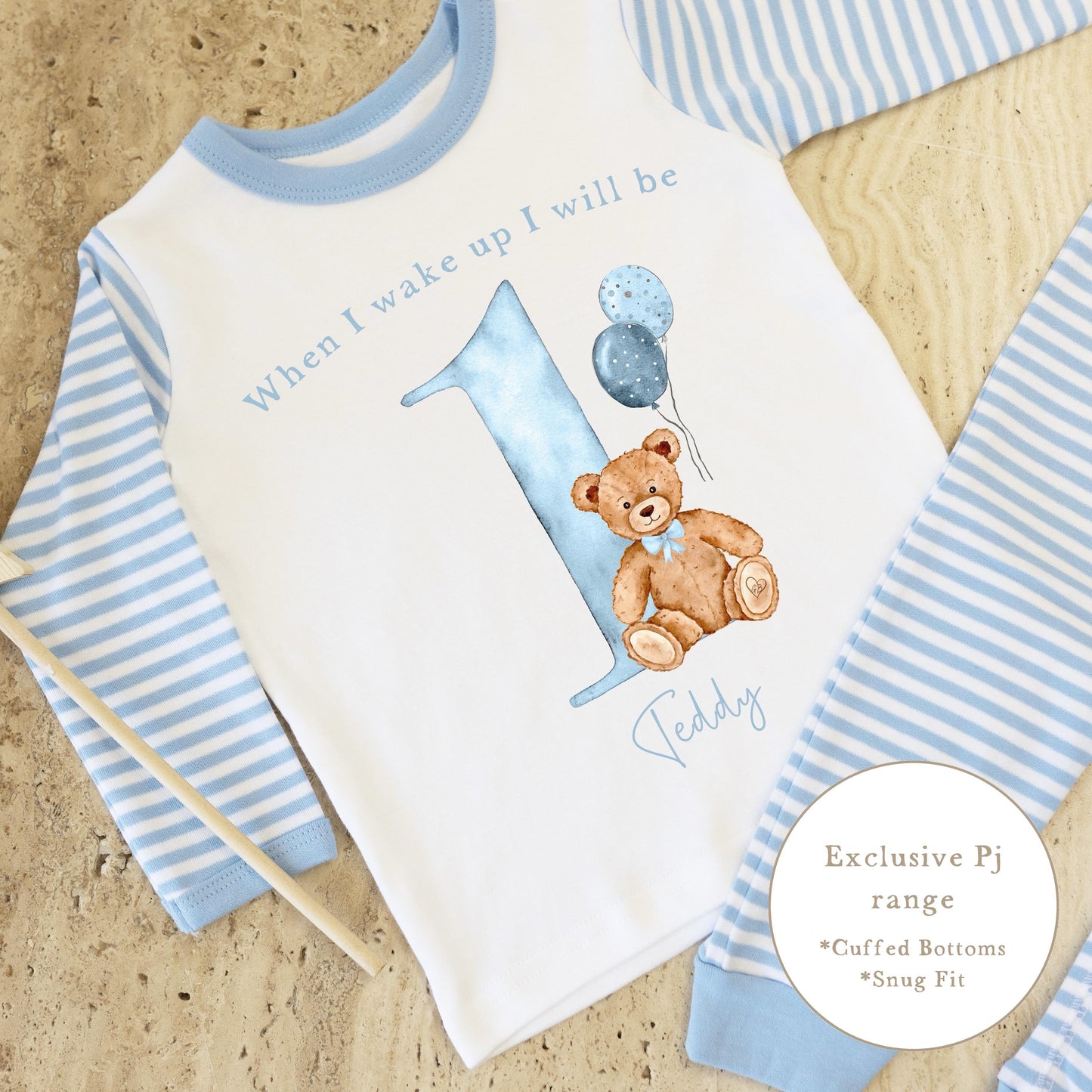 Blue & White Striped Personalised Birthday Pyjamas - Blue Bear Design