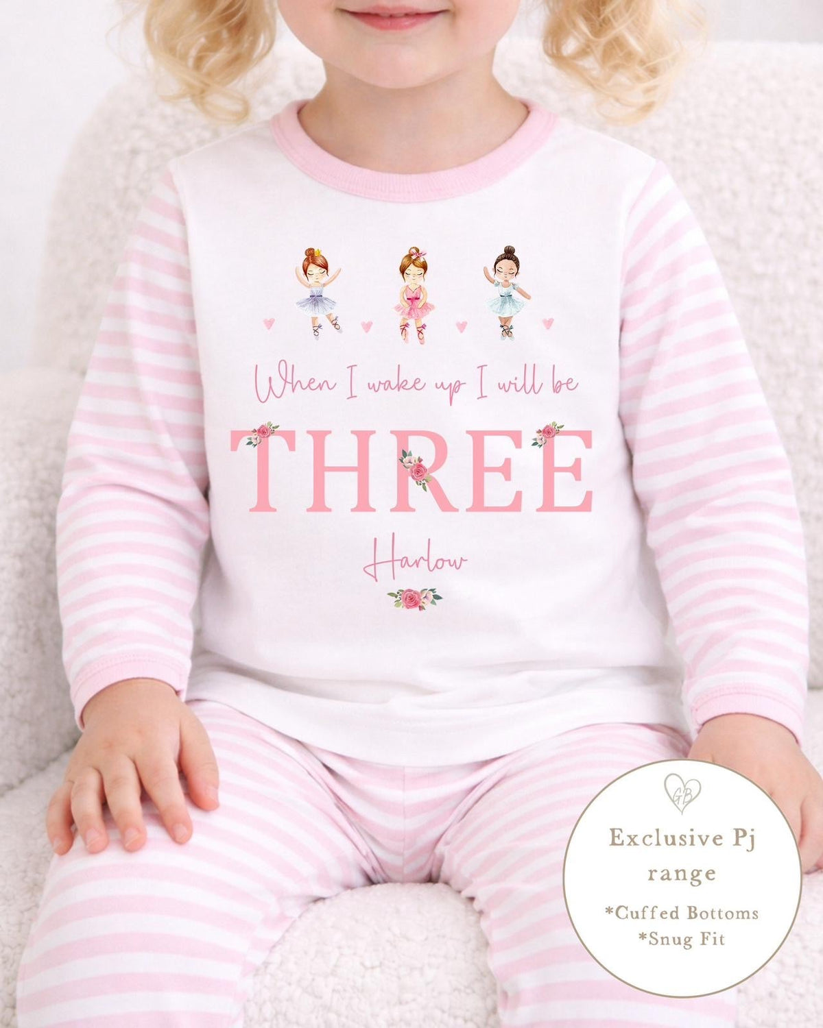 Personalised Pink Stripe Birthday Pyjamas - Ballerina Trio Design