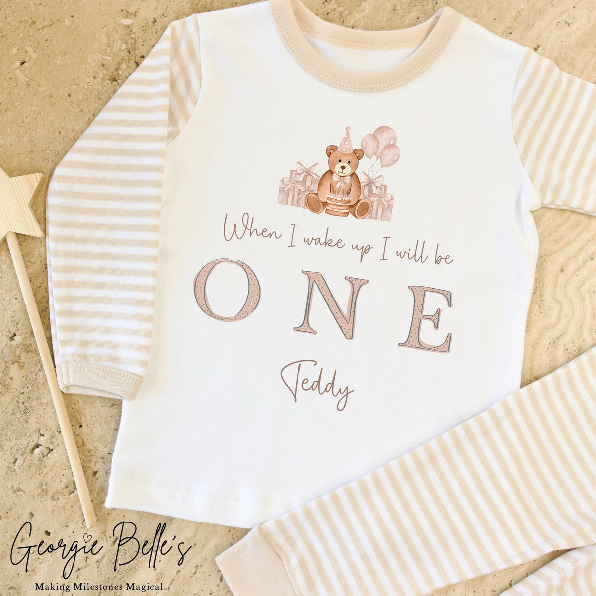 Personalised Beige Stripe Birthday Pyjamas - GB Bear Design