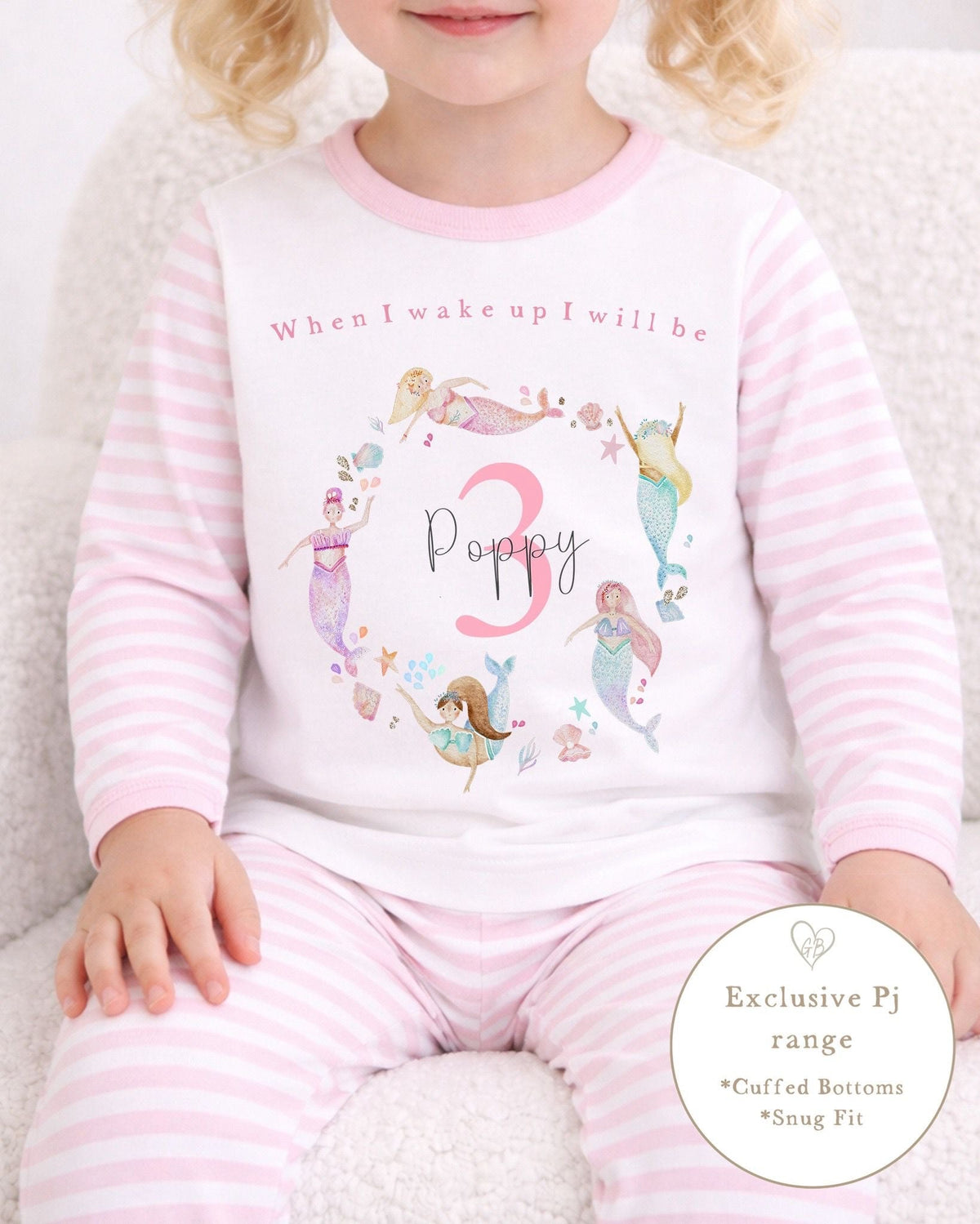 Personalised Pink Stripe Birthday Pyjamas - Mermaid Wreath Design