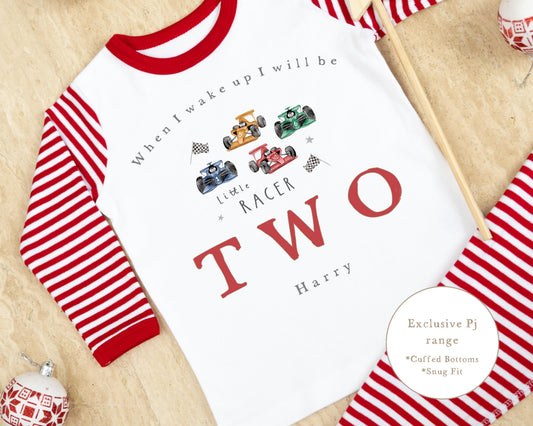 Red & White Striped Personalised Birthday Pyjamas - Little Racer Design
