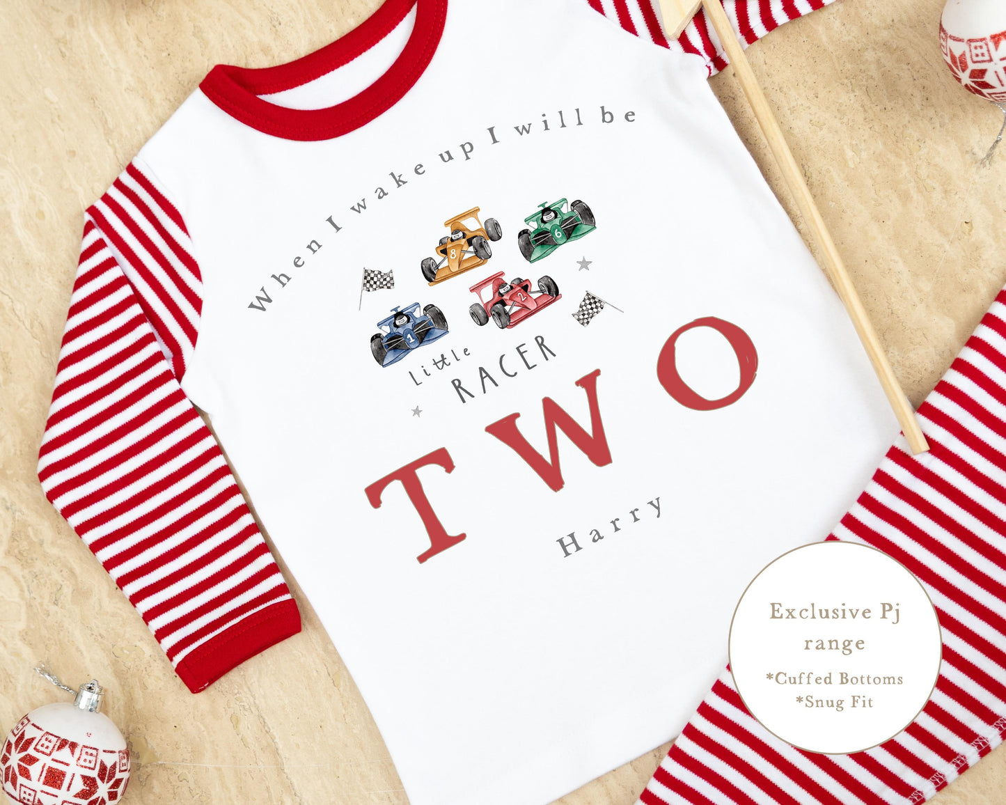 Red & White Striped Personalised Birthday Pyjamas - Little Racer Design